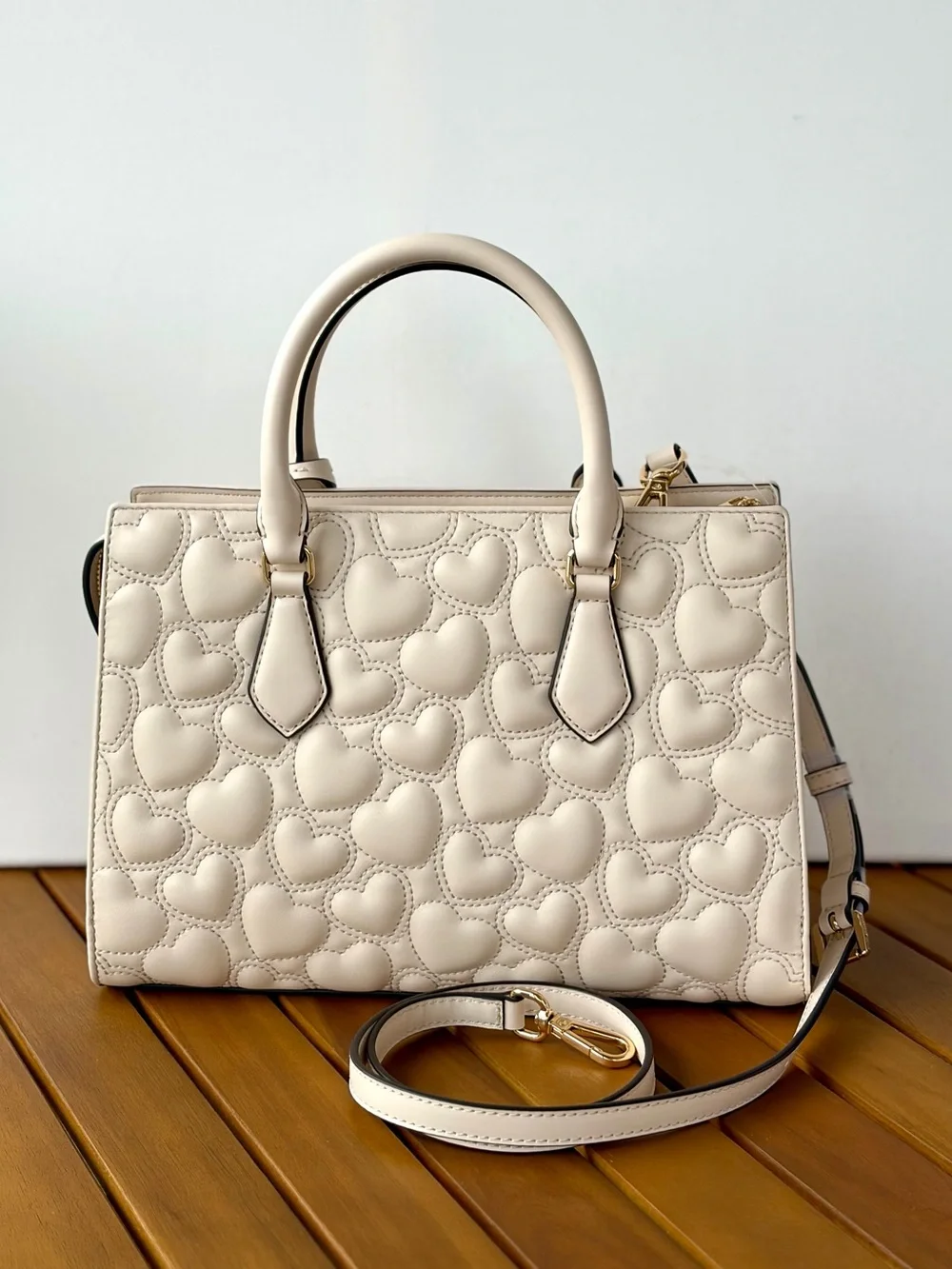 Michael Kors Cream Quilted Heart Satchel with Gold MK Charm